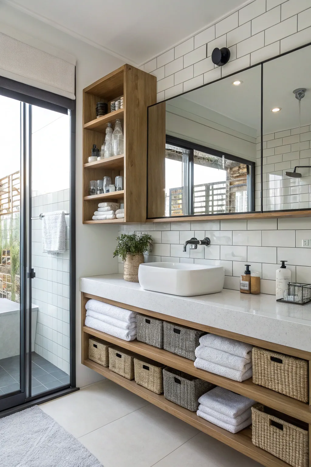 Minimalist storage solutions with floating shelves.
