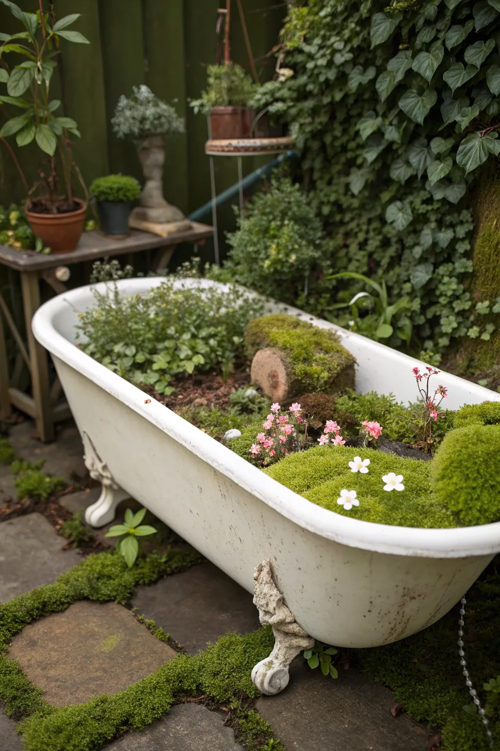 Step into a whimsical escape with this enchanting fairy garden bathtub planter.