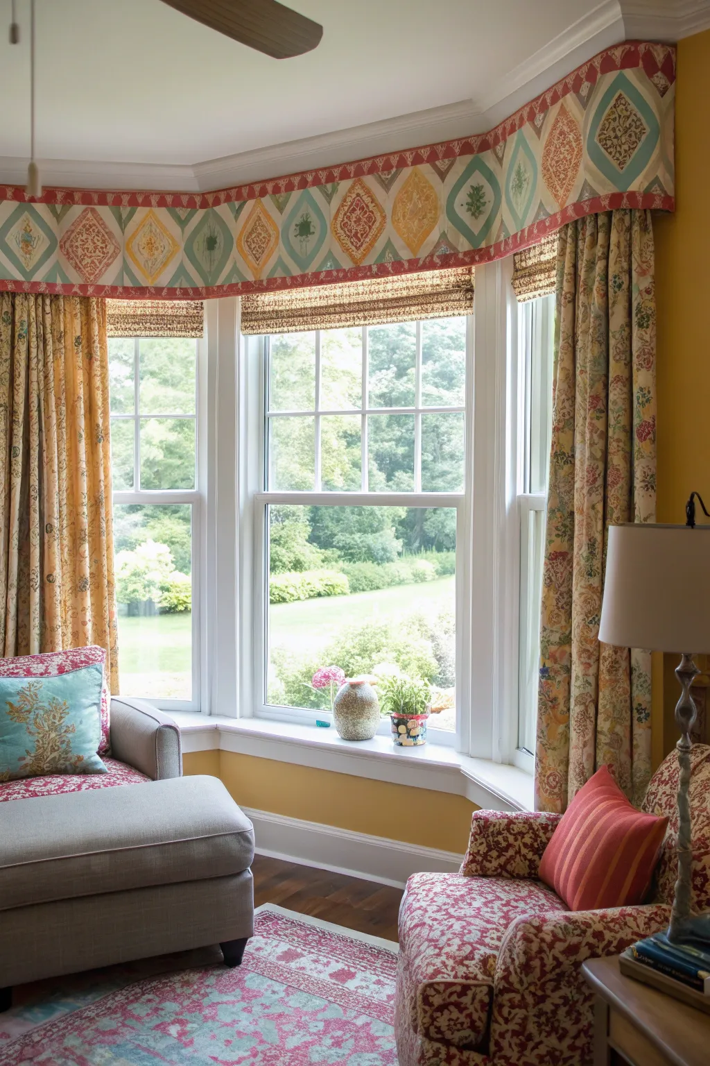 Patterned flat valances in a vibrant living room.