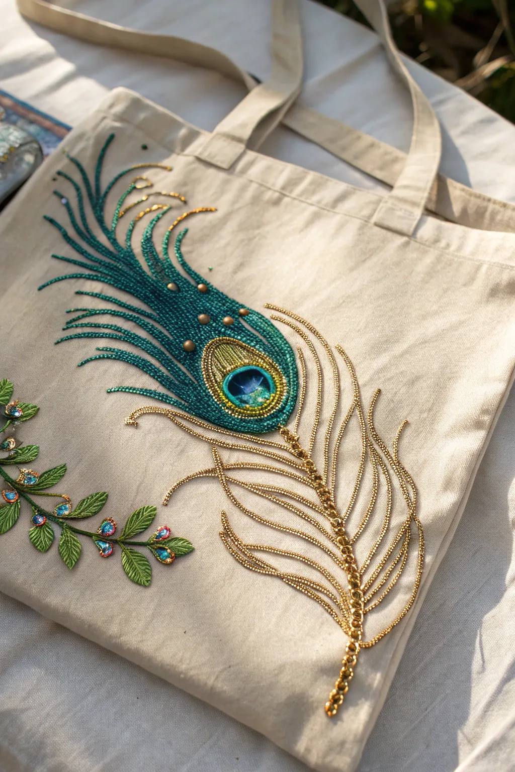 Embrace the elegance of nature with this stunning peacock feather bead embroidery.