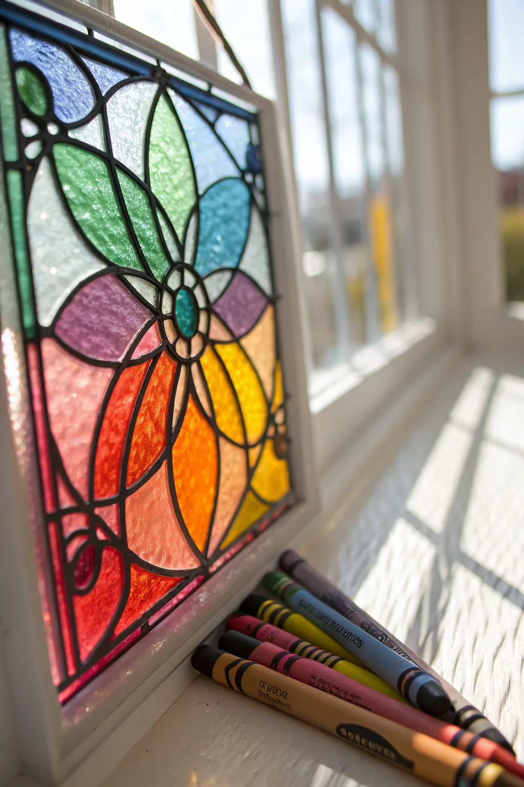 Let your creativity shine through with crayon stained glass art - a vibrant touch of color and simplicity.