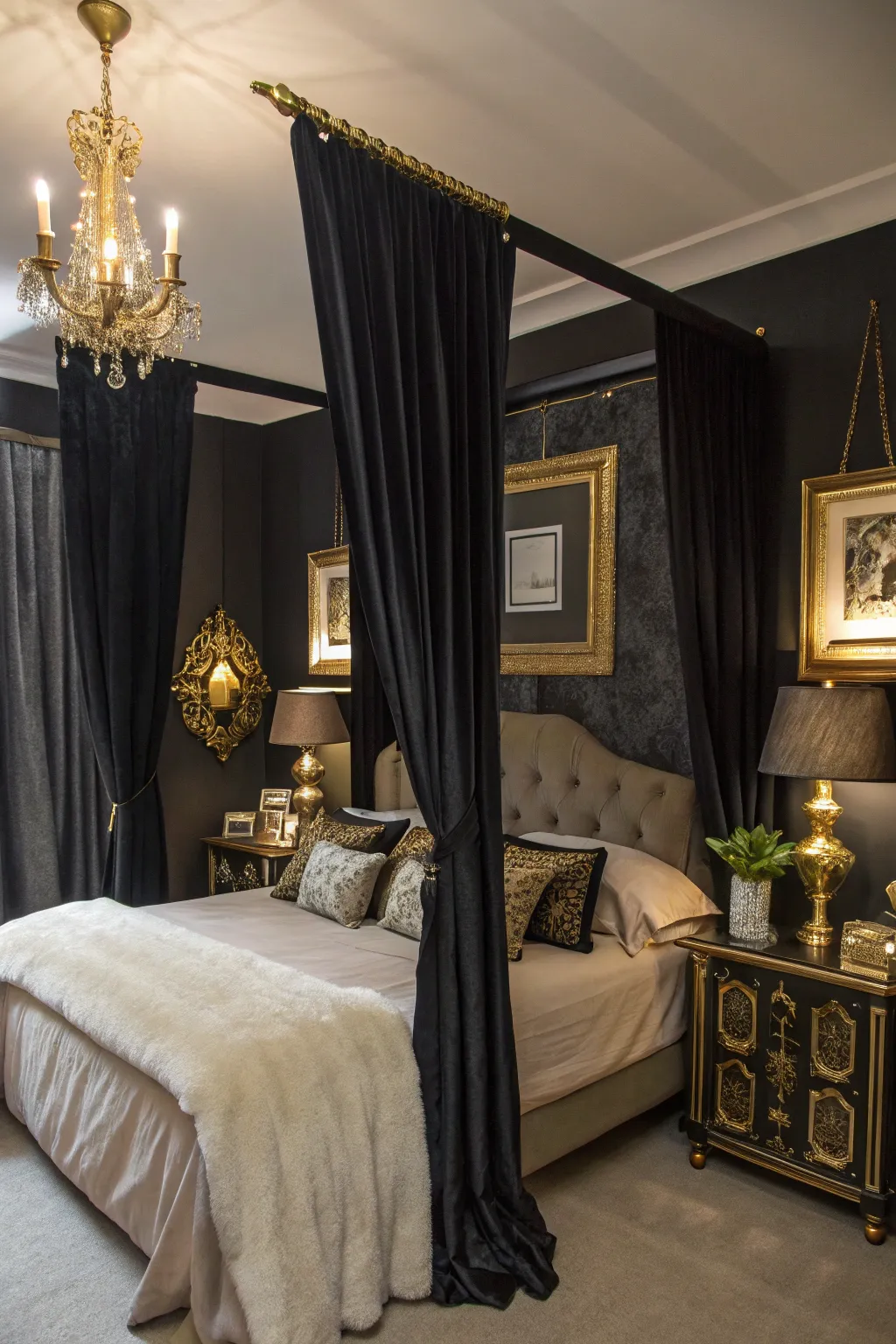 Black curtains paired with gold accents for a sophisticated look.