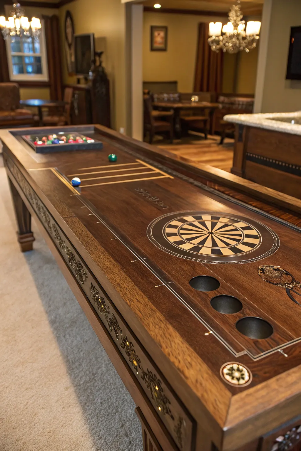 Transform your game night with this masterfully crafted beer pong table, complete with a darts section.