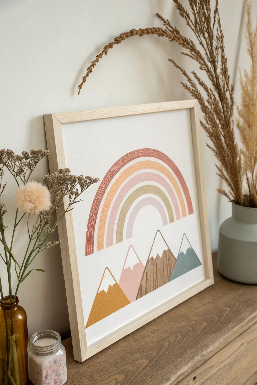 Embrace simplicity with a touch of color: a rainbow over minimalist mountains.
