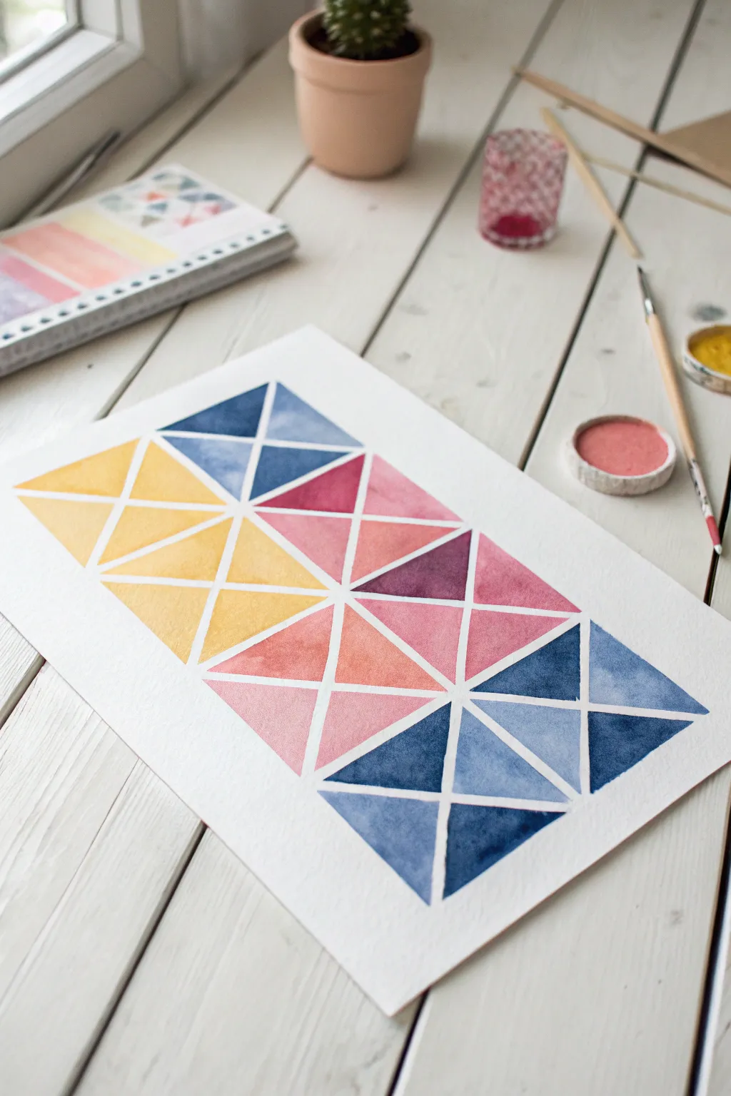 Discover the art of simplicity with bold geometric watercolor designs, perfect for adding a touch of elegance to your space.