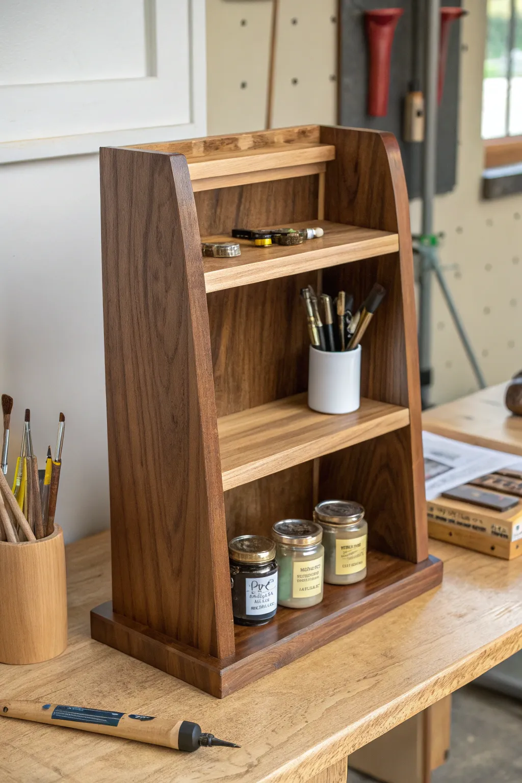 Craftsmanship at its finest: A sleek wooden shelf unit for organized creativity.