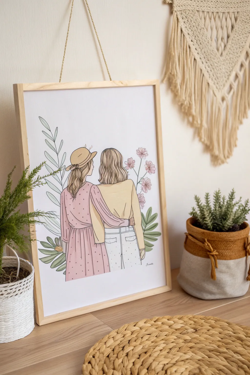 Celebrate your friendship with a unique, hand-drawn illustration that captures your bond in a minimalist, boho-inspired style.