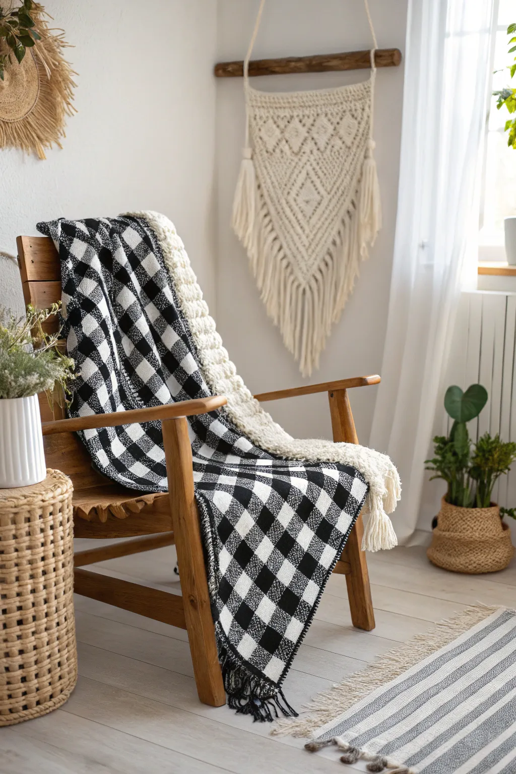 Cozy up with a touch of nostalgia: this black and white gingham crochet blanket brings farmhouse charm to your minimalist space.