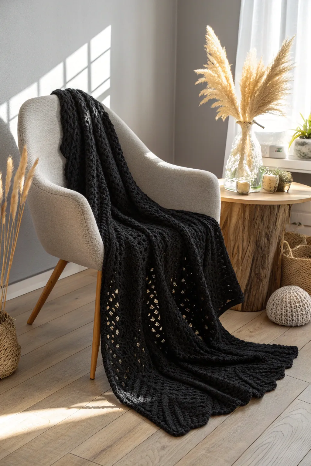 Wrap yourself in the cozy elegance of a handcrafted black crochet blanket. Perfect for minimalist movie nights.