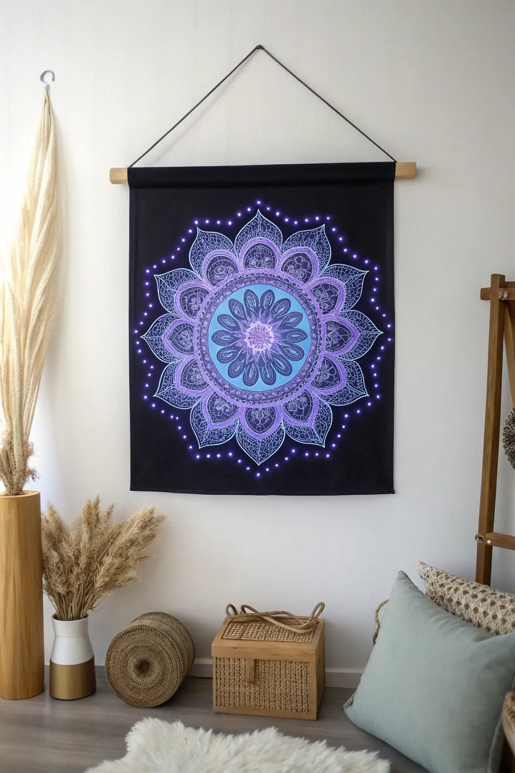 Embrace tranquility with this glowing mandala masterpiece, a perfect blend of minimalism and boho charm.