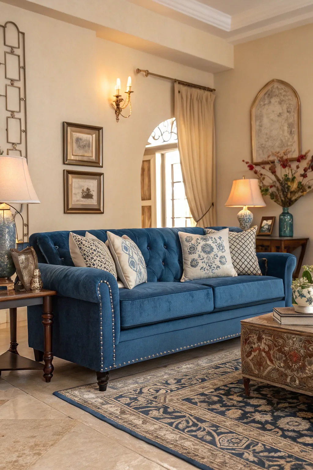A bold cobalt velvet sofa as a centerpiece.