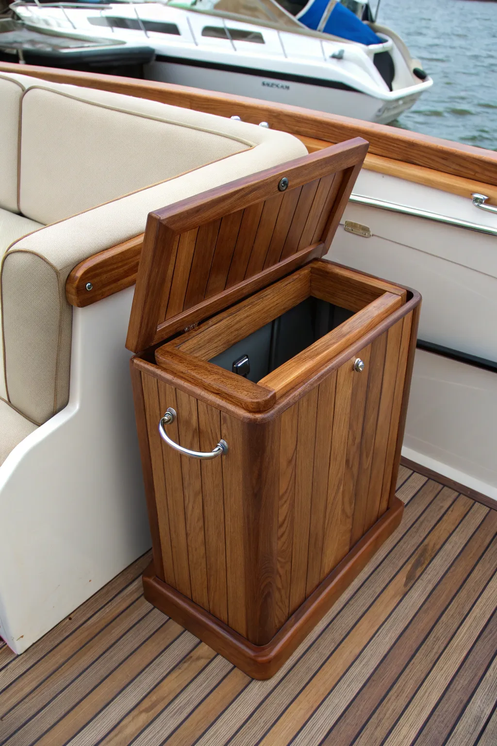 Elevate your boating experience with sleek under-seat trash storage that combines elegance and efficiency.