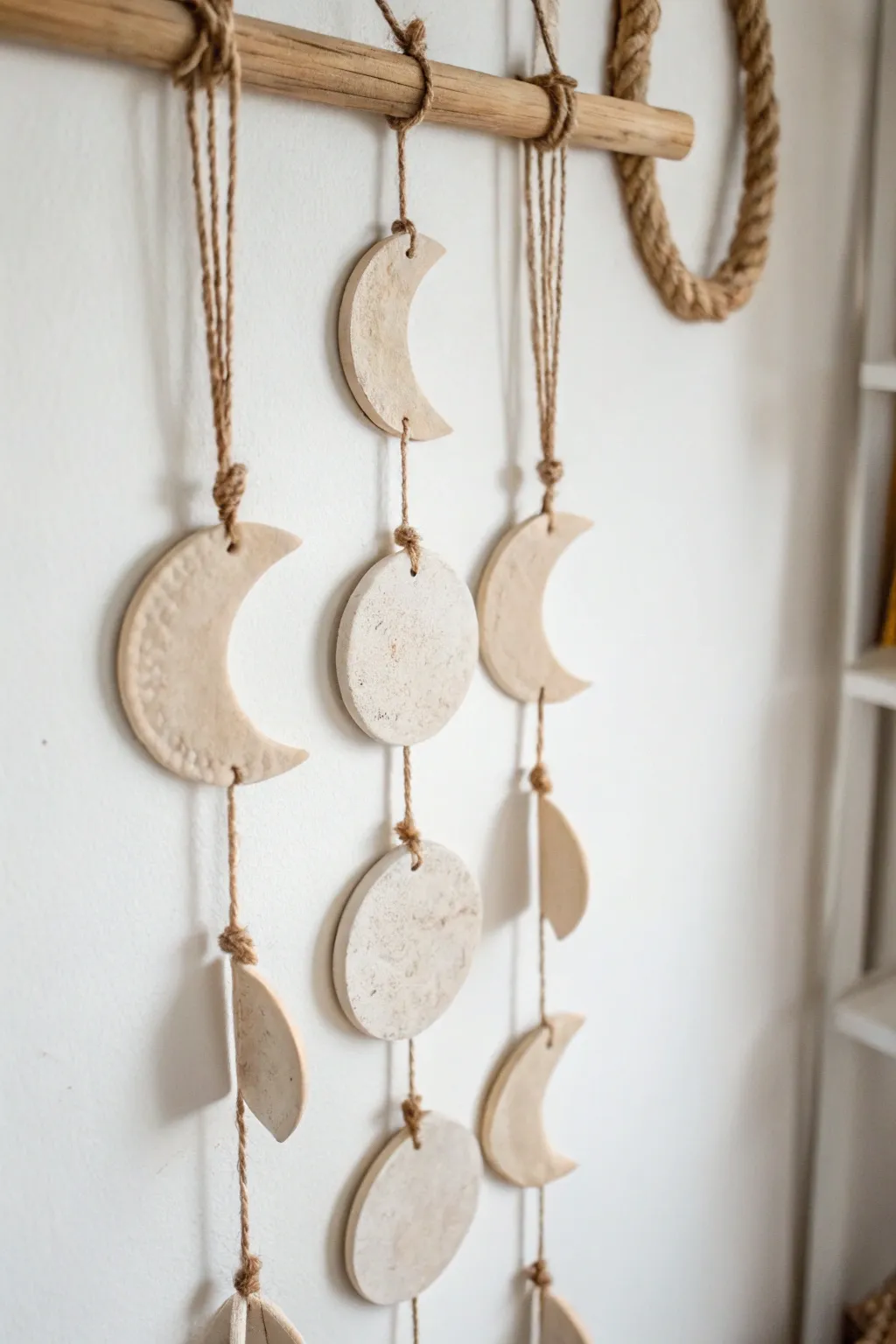 Embrace the celestial beauty of the moon phases with this handmade clay wall hanging, perfect for adding a touch of boho elegance to your minimalist decor.