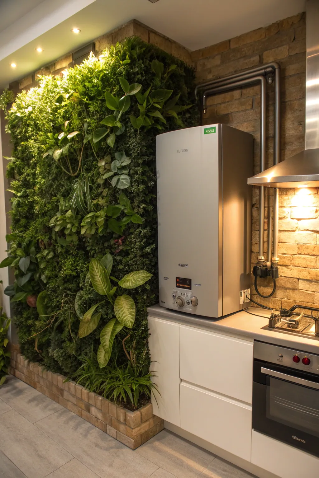Transform your kitchen into a serene oasis with a sophisticated plant wall around your boiler.
