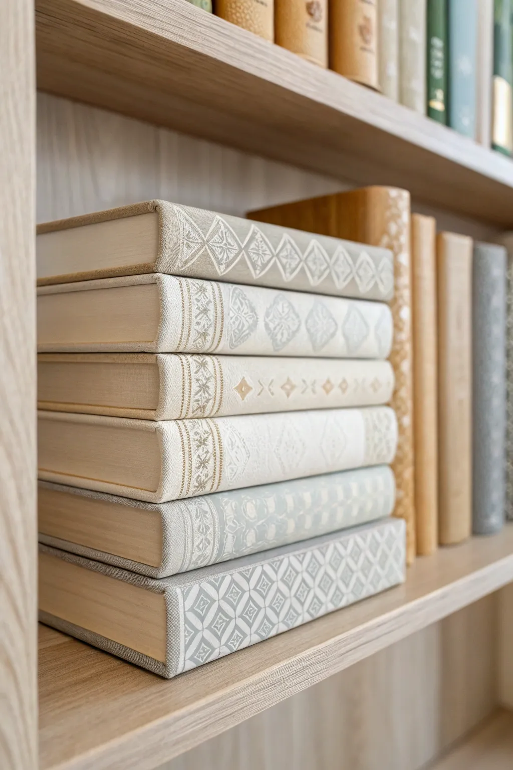 Elevate your space with artful book spine displays, blending minimalist elegance with a touch of Boho charm.