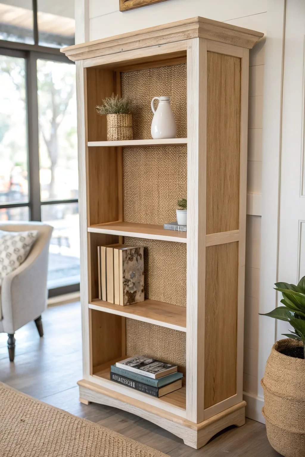 Embrace rustic elegance with a burlap back panel bookcase—where simplicity meets natural beauty.