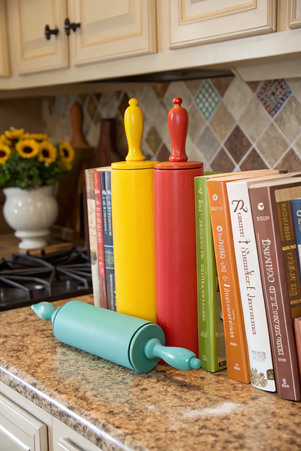 Add charm to your kitchen with rolling pin bookends.