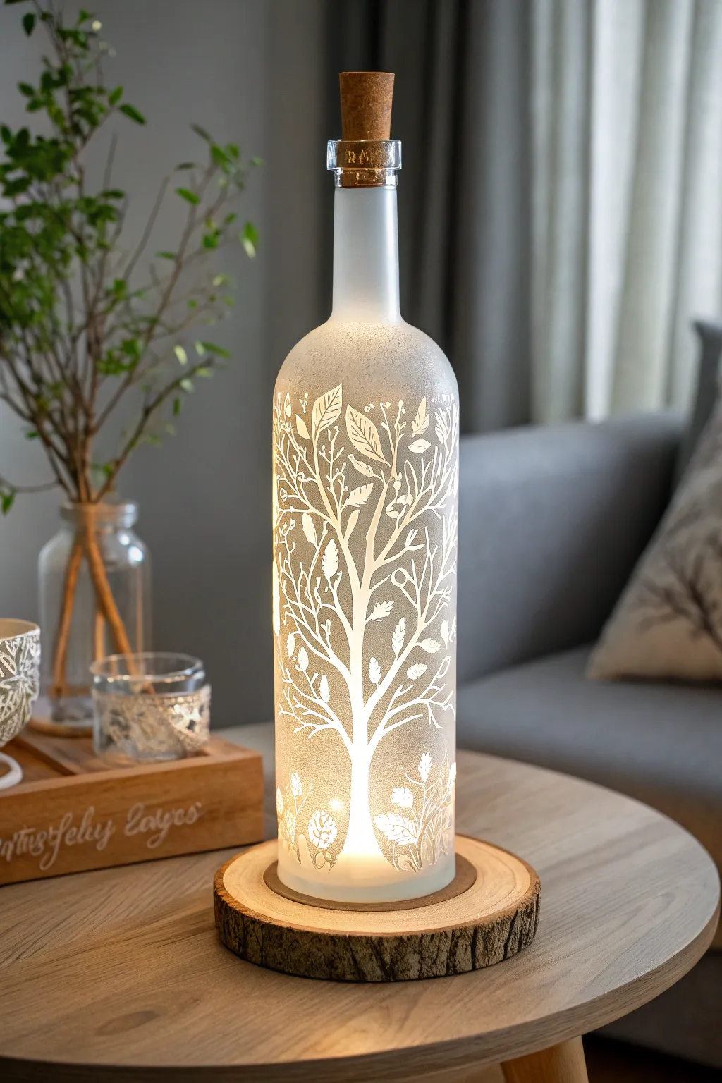 Illuminate your space with nature's touch—this etched bottle lamp blends Scandinavian simplicity with boho charm.