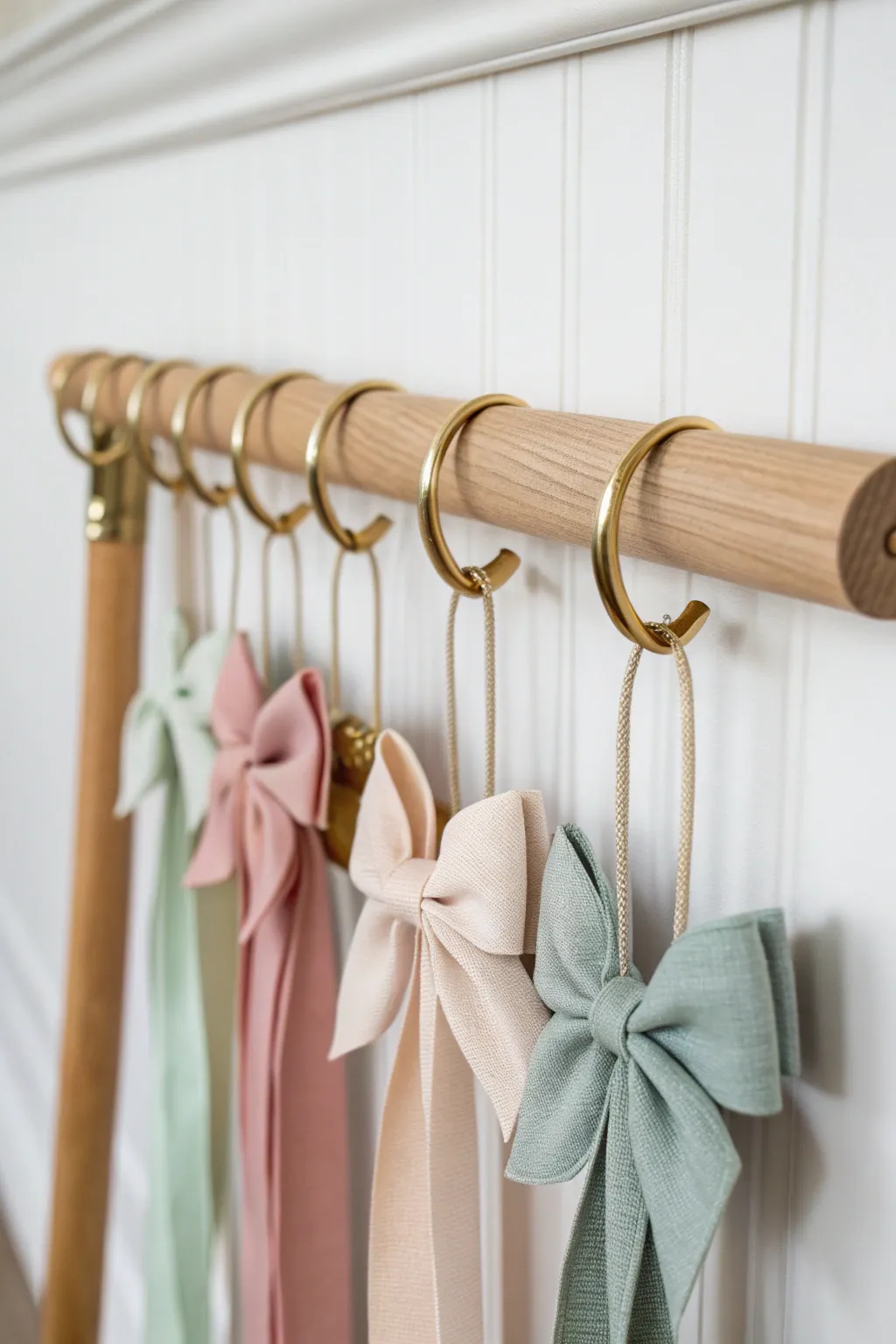 Effortlessly organized and beautifully displayed: a minimalist bow holder with a touch of boho charm.