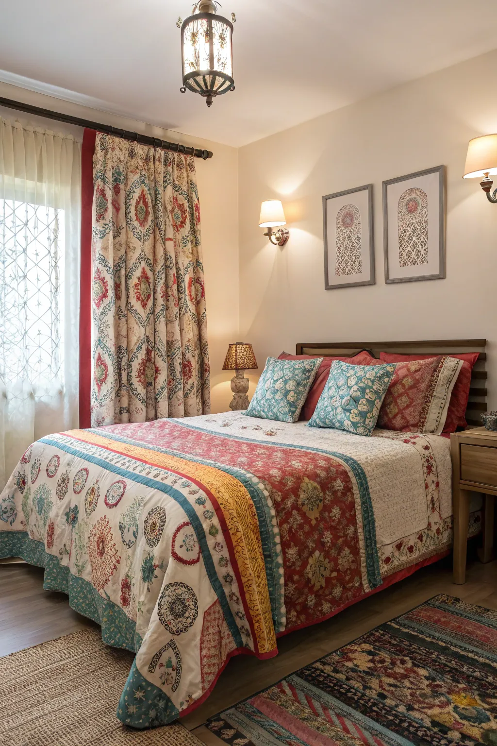 Mixed patterns in bedding and curtains create an intriguing visual depth.