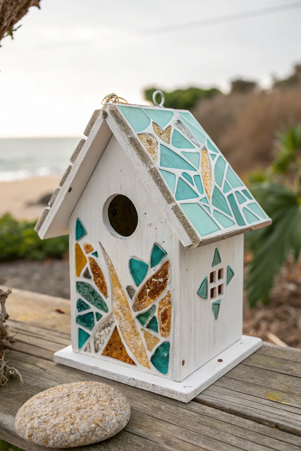 Transform your garden with a touch of artistry: a vibrant glass-decorated birdhouse.