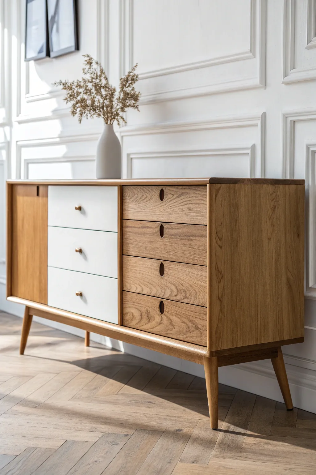 Elevate your space with charming brown accents on minimalist furniture.