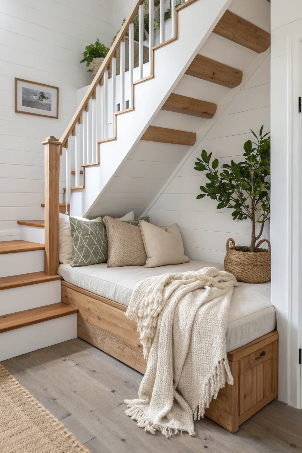 Transform under-stair space into a serene hideaway with a cozy, minimalist daybed.
