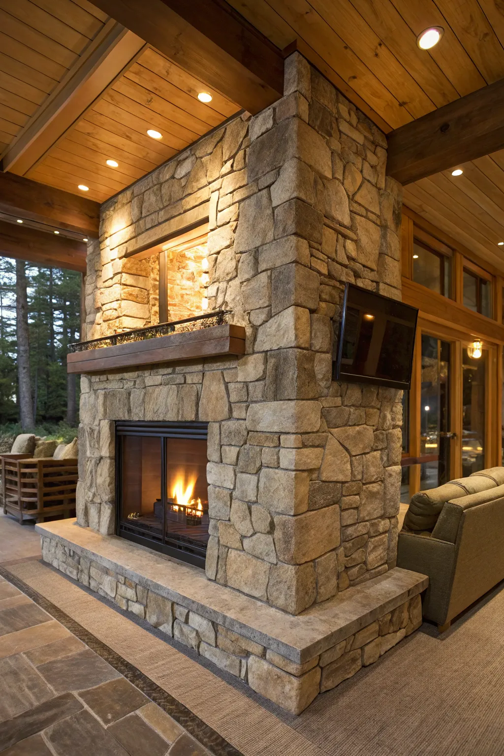 A stone facade adds a touch of nature to this cozy entertainment center.