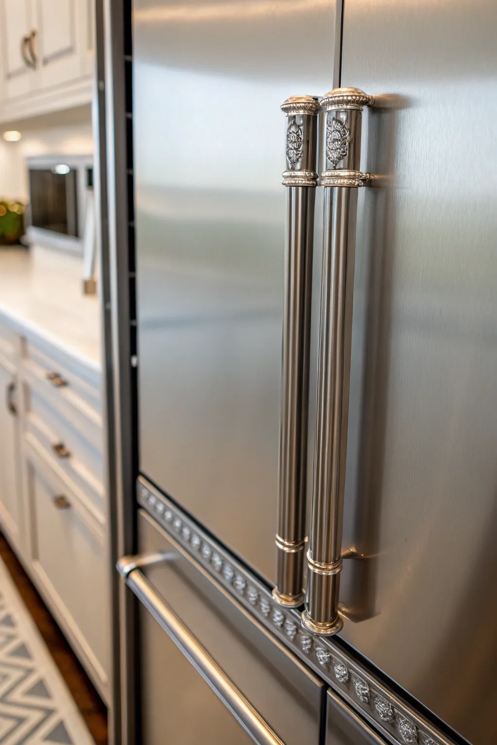 Unique handles and trims elevate the style of this built-in fridge.
