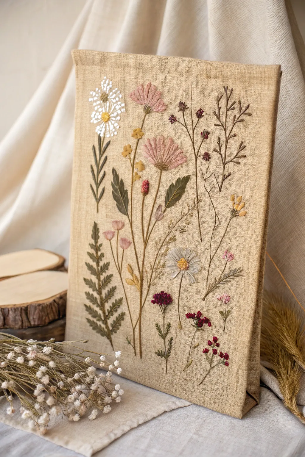 Nature's art on burlap: where simplicity meets elegance in floral harmony.