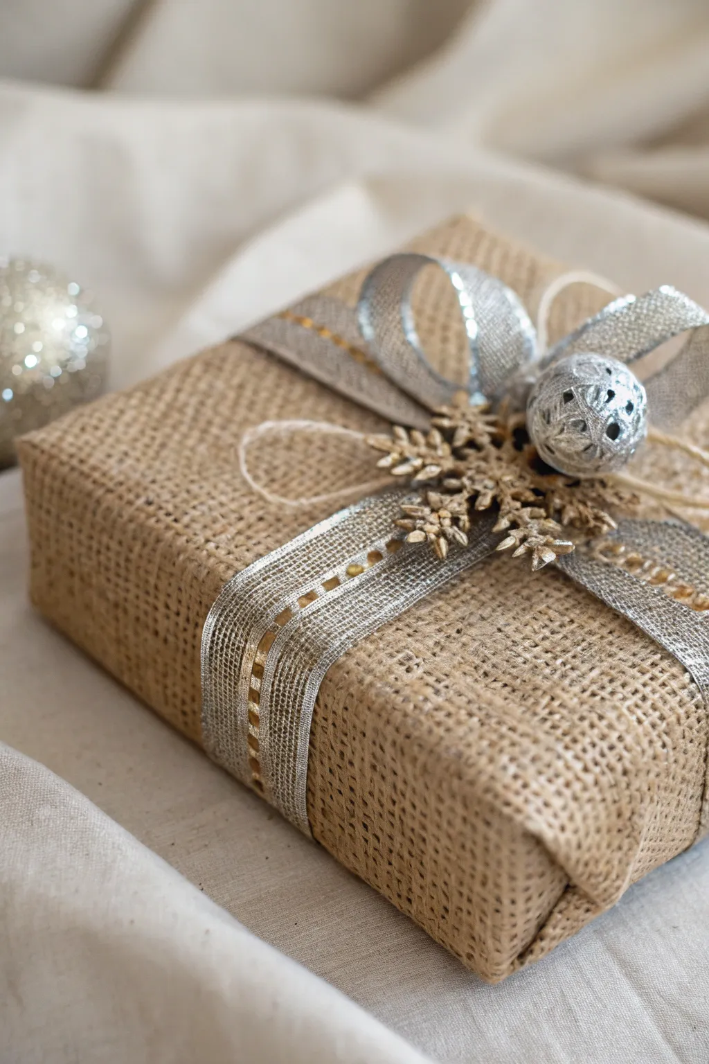 Elevate your gift wrapping with rustic burlap and a touch of sparkle for a chic, boho-inspired look.