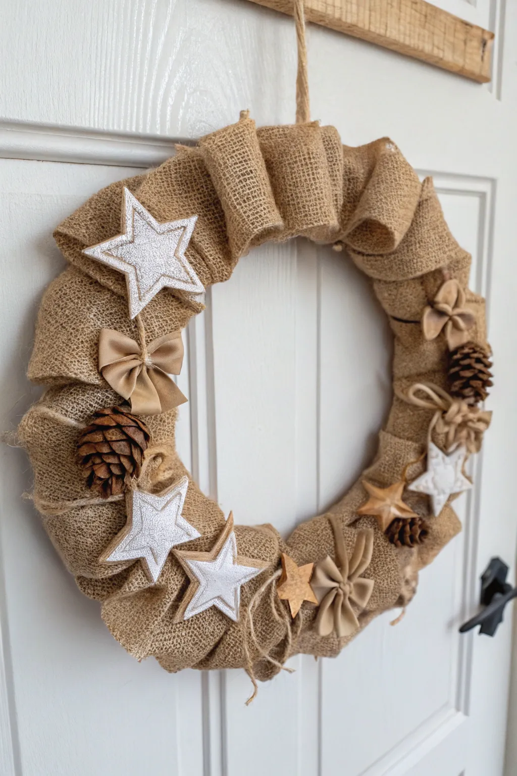 Embrace rustic elegance with this handcrafted burlap wreath, perfect for a touch of farmhouse charm.
