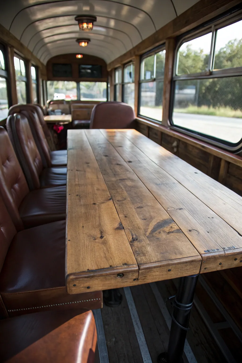 Transform your bus with the timeless charm of reclaimed wood for a journey filled with stories.