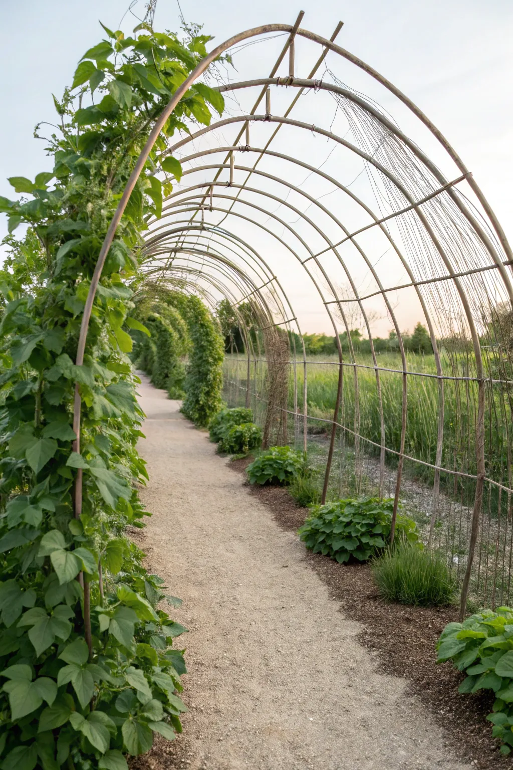 Embrace natural beauty with this DIY chicken wire tunnel trellis, perfect for creating a magical garden pathway.