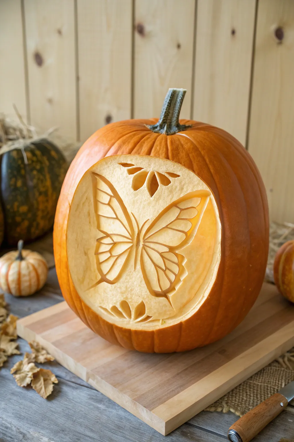 Discover the art of surface carving: where pumpkins transform into butterfly masterpieces.