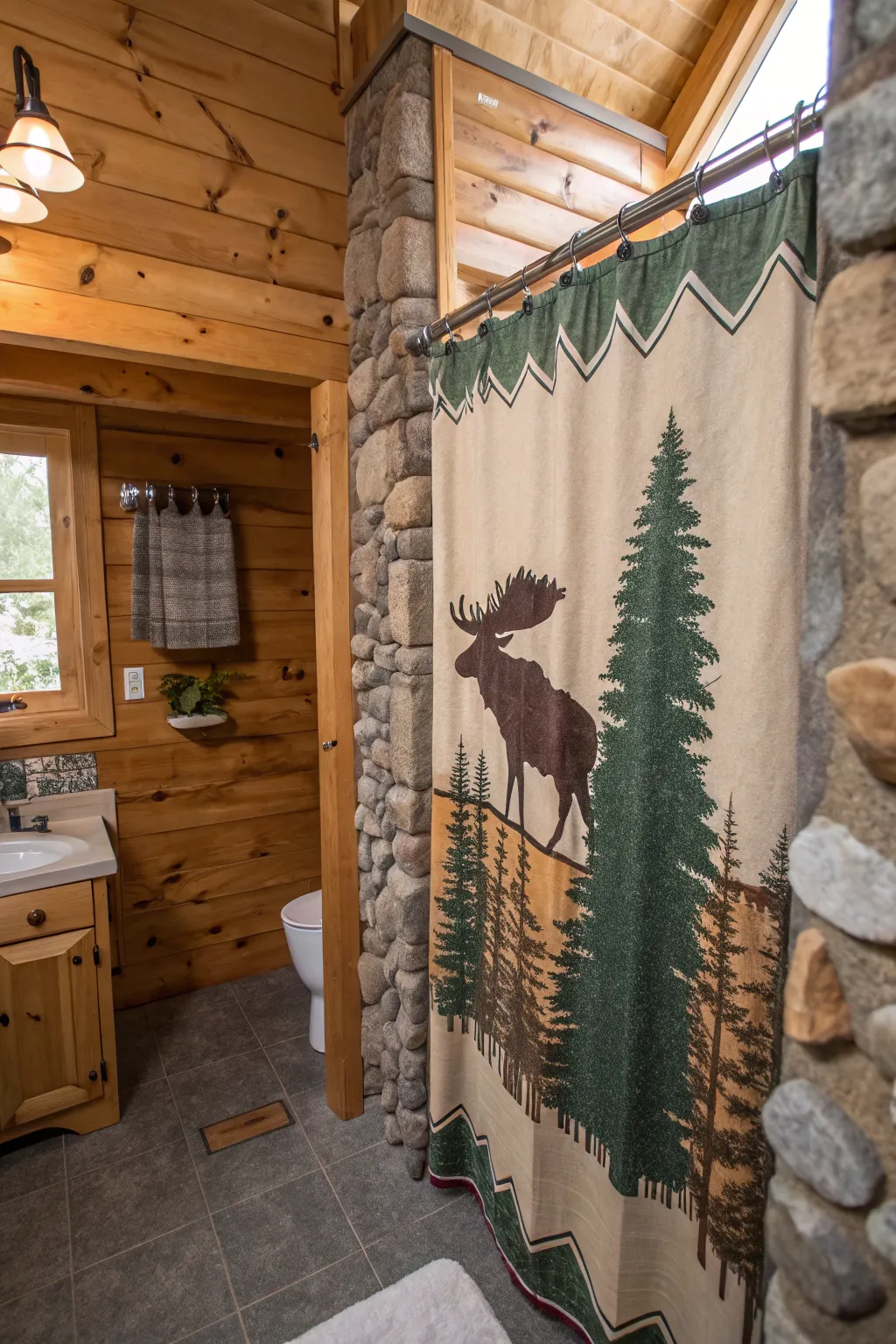 A moose and pine tree shower curtain for a woodland touch.