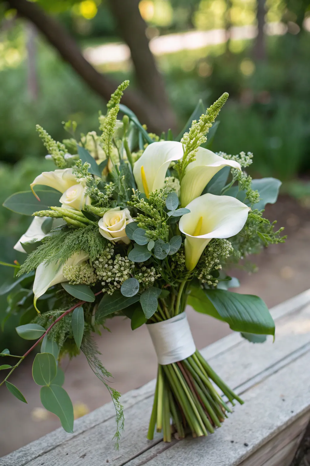 Fresh garden-inspired calla lily bouquet.