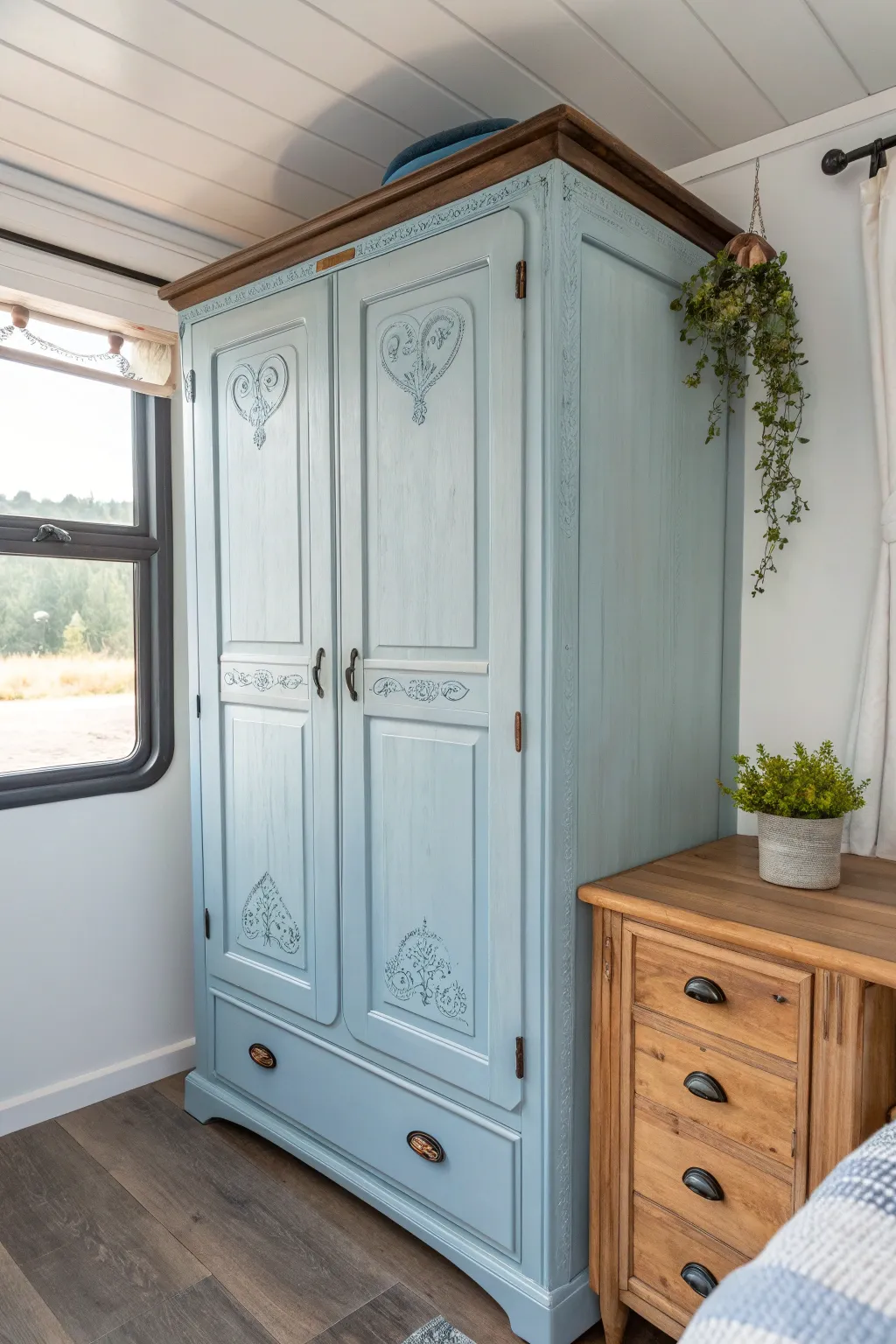 Transform your camper into a serene retreat with calming blues and exquisite craftsmanship.