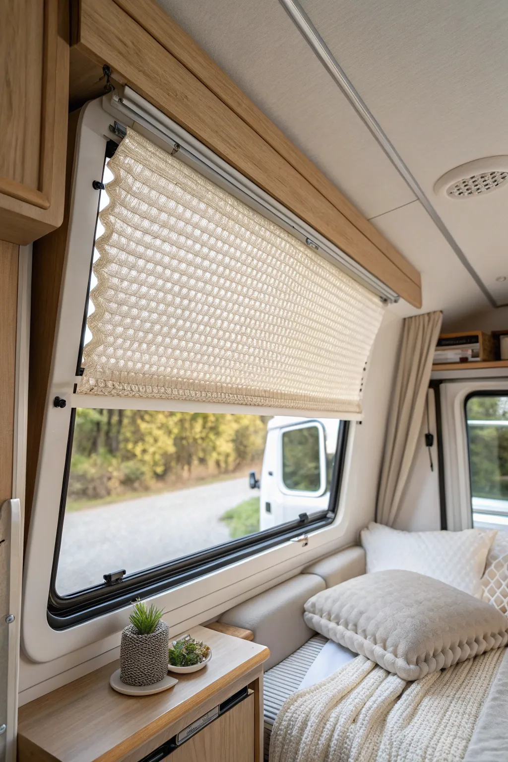 Transform your camper into an oasis of comfort and style with eco-friendly cellular shades, perfect for any season.