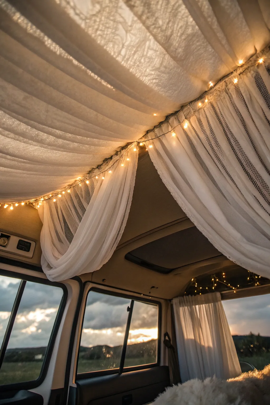 Transform your campervan into a cozy retreat with dreamy fabric draping.