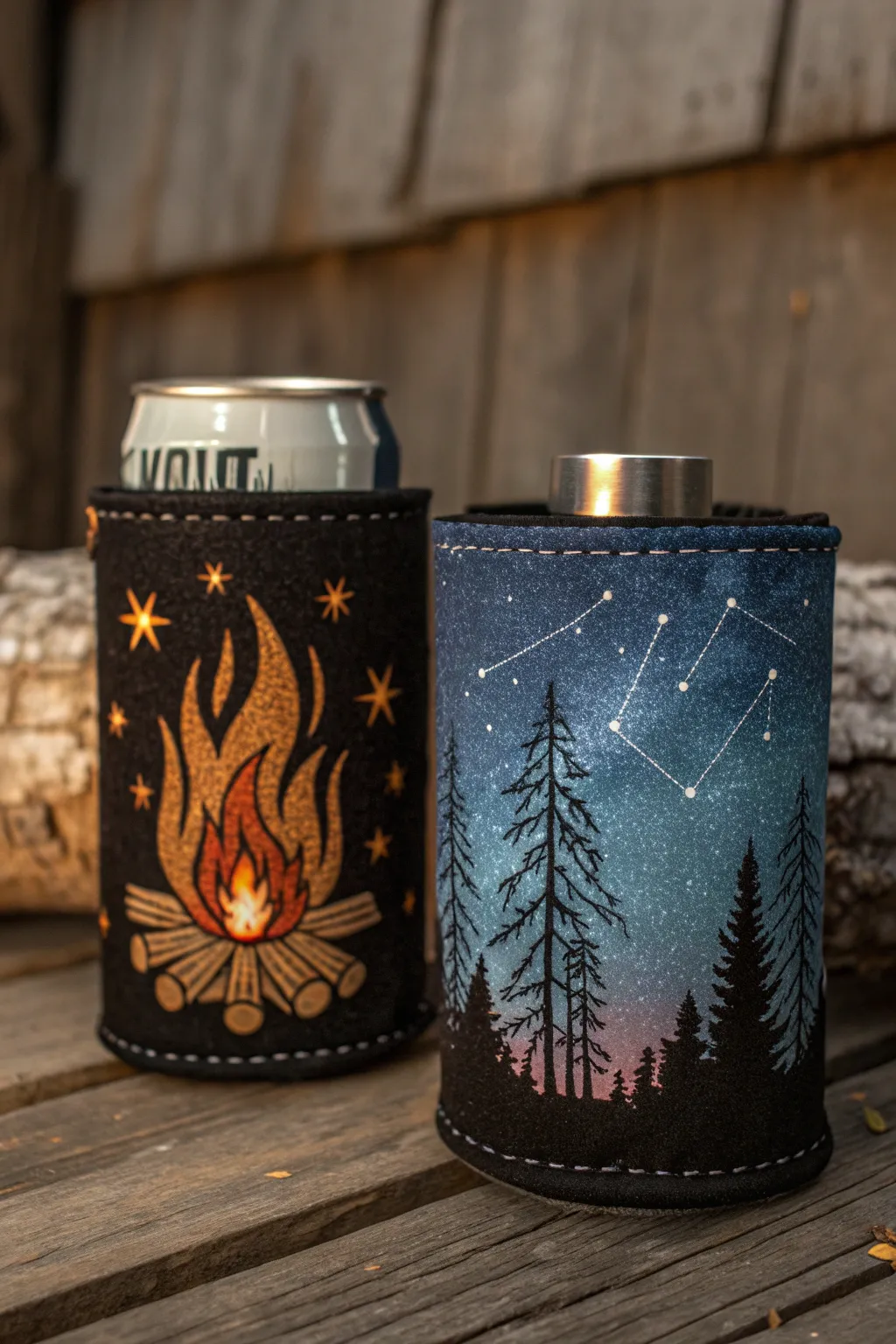 Elevate your camping experience with a reversible koozie—campfire by day, stars by night.