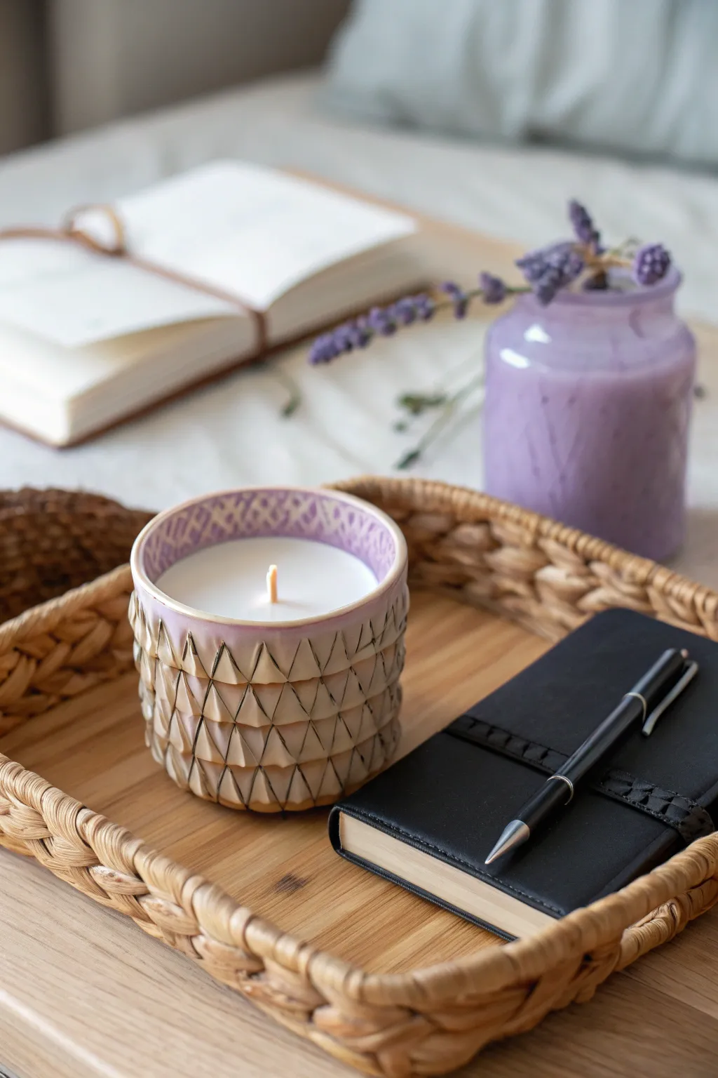 Create your sanctuary: Embrace tranquility with a lavender candle and journal for mindful moments.