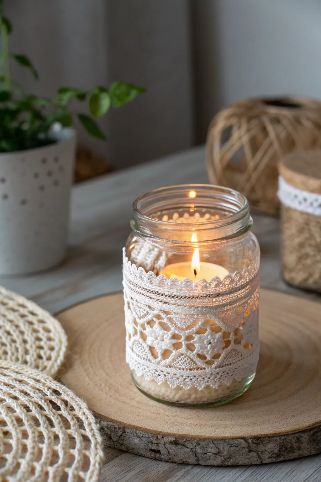 Illuminate your space with the delicate charm of lace-wrapped candle jars.