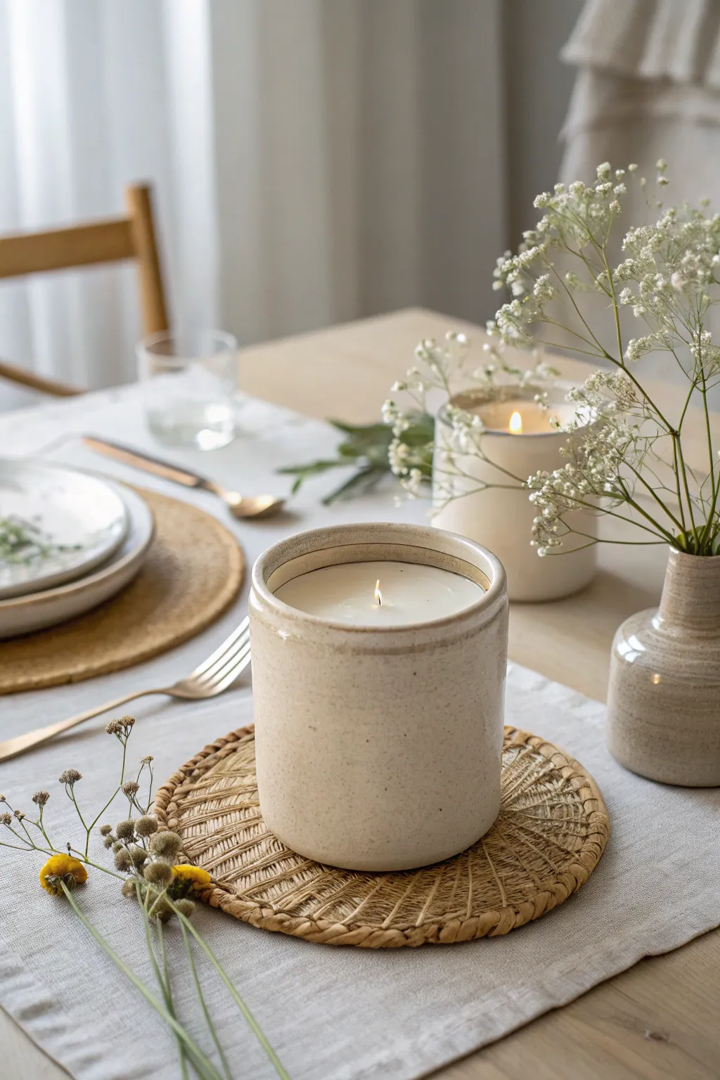 Elevate your dining experience with elegant candle jar accents.