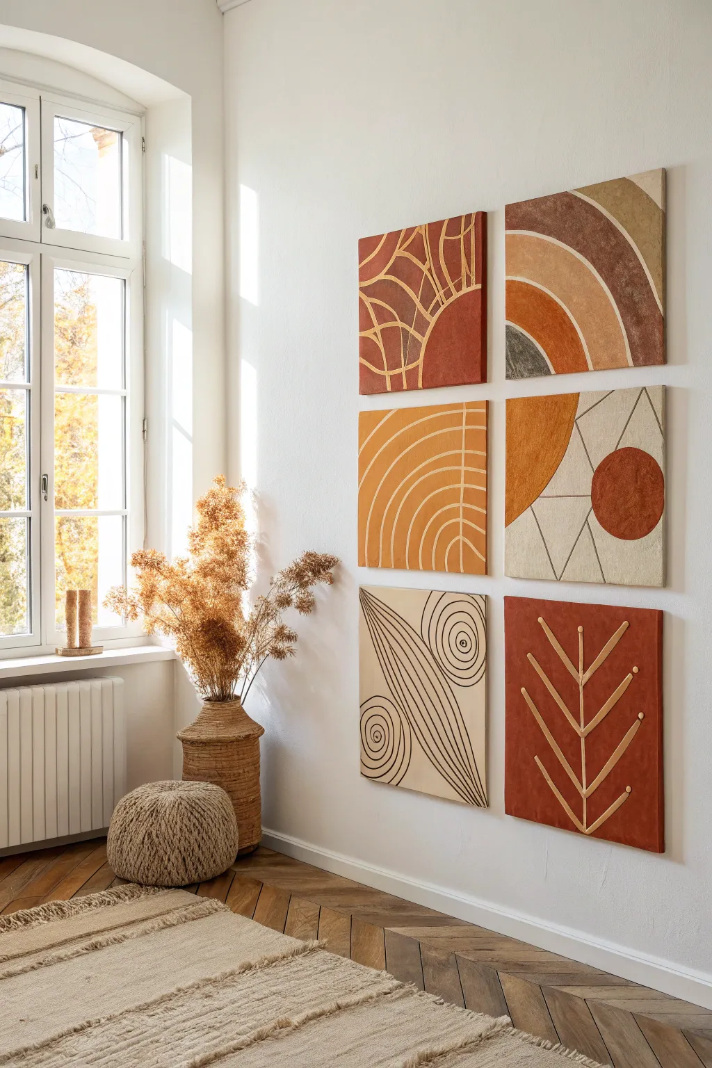 Create a serene space with a warm autumnal canvas collage, harmonizing colors and simplicity.