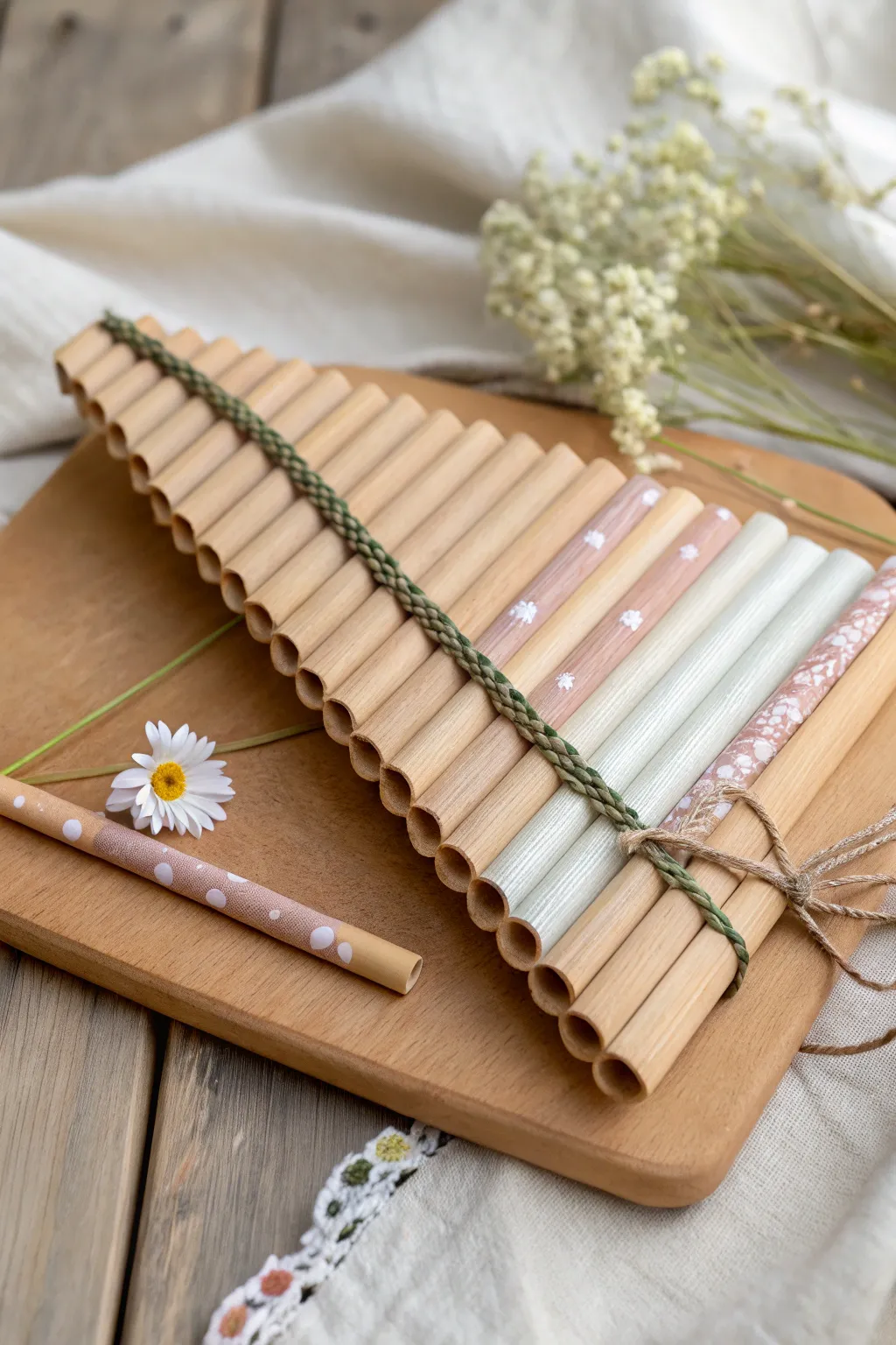 Discover the enchanting simplicity of sound with this DIY cardboard and paper straw pan flute. Perfect for adding a touch of minimalist elegance and natural beauty to your creative projects.