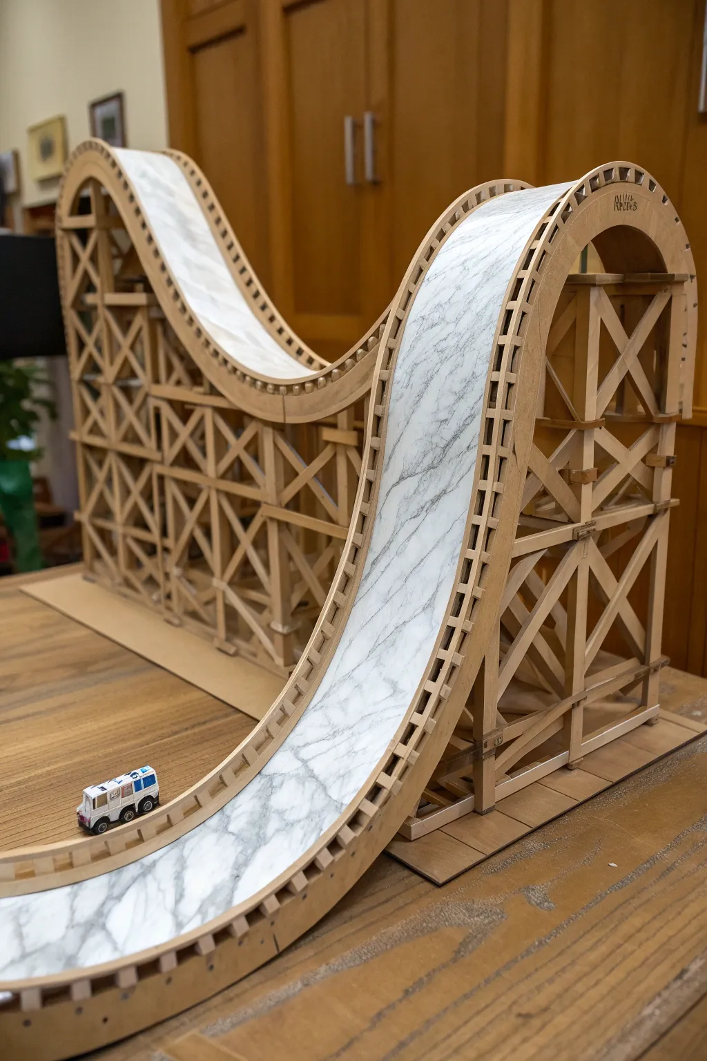 Experience the thrill of craftsmanship with this stunning cardboard half pipe roller coaster.