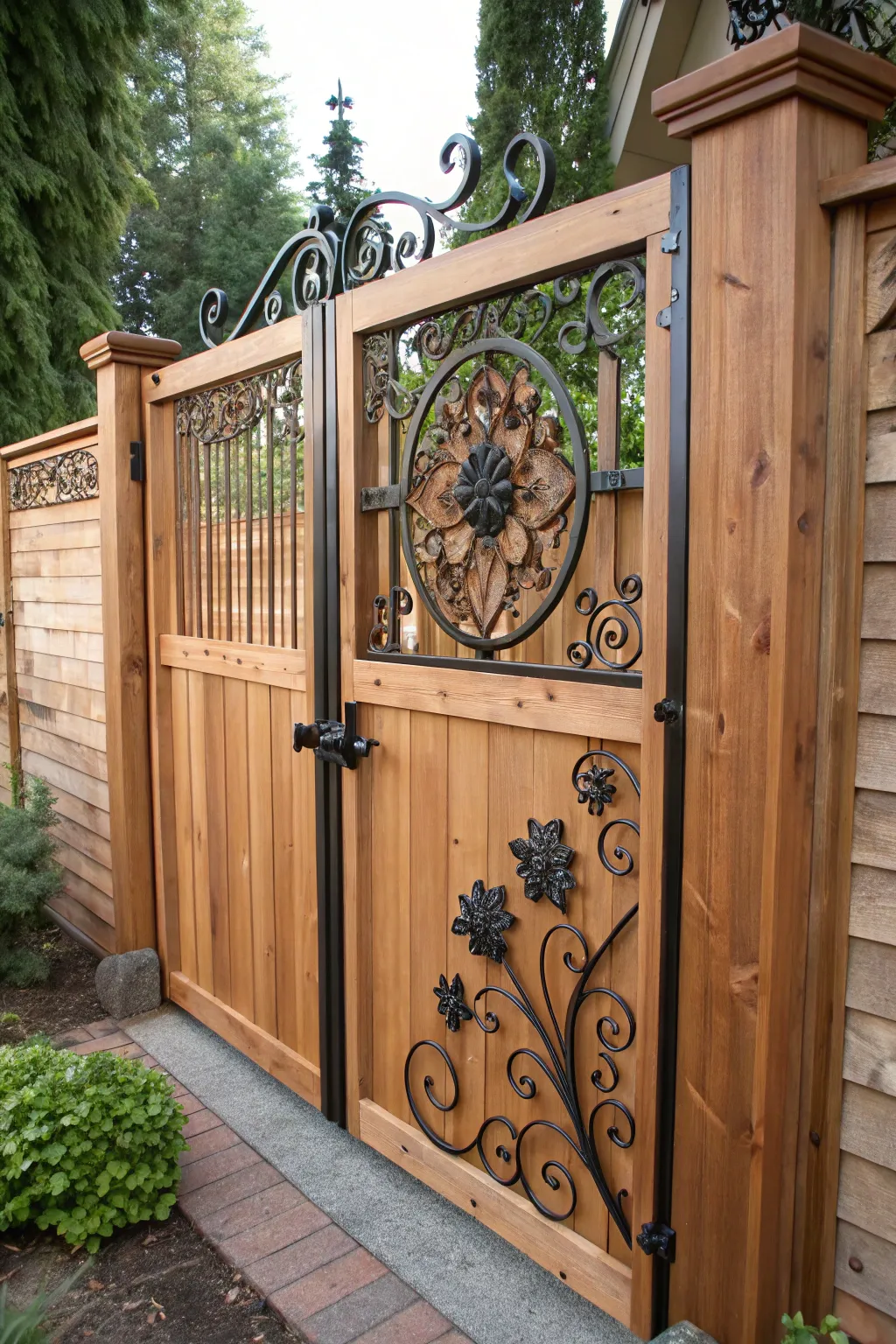 Elevate your entryway with a cedar gate adorned with exquisite wrought iron details.