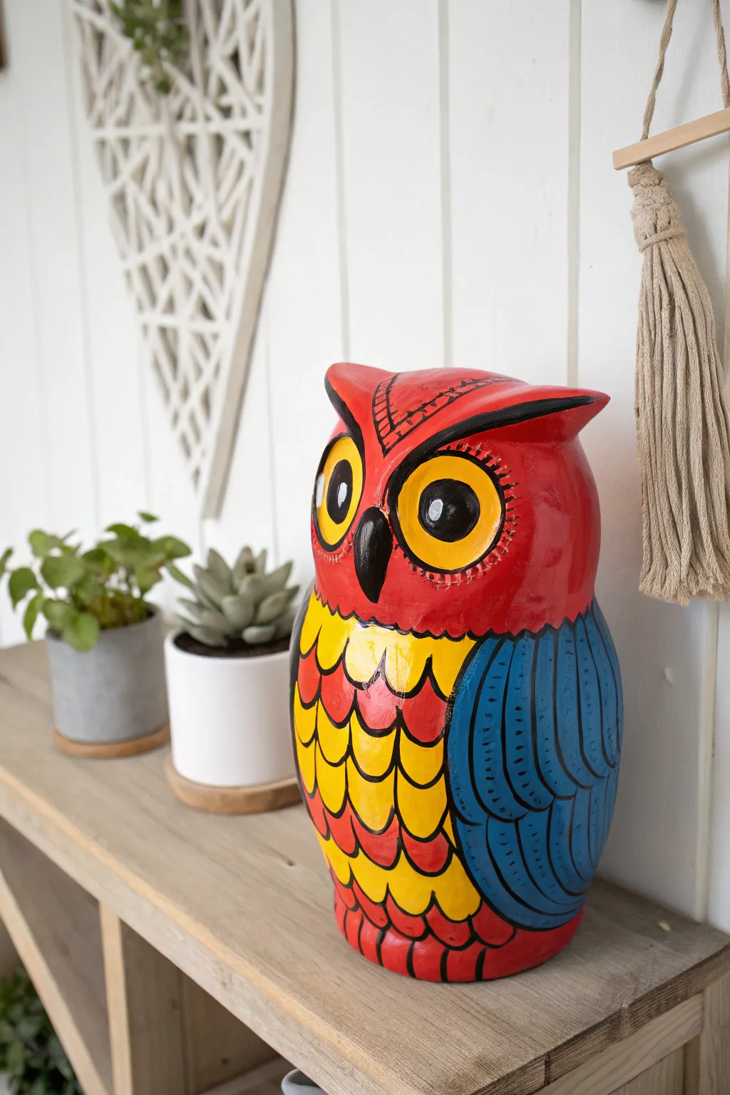 Unleash your creativity with a pop art-inspired ceramic owl that adds a splash of color and whimsy to any minimalist space.