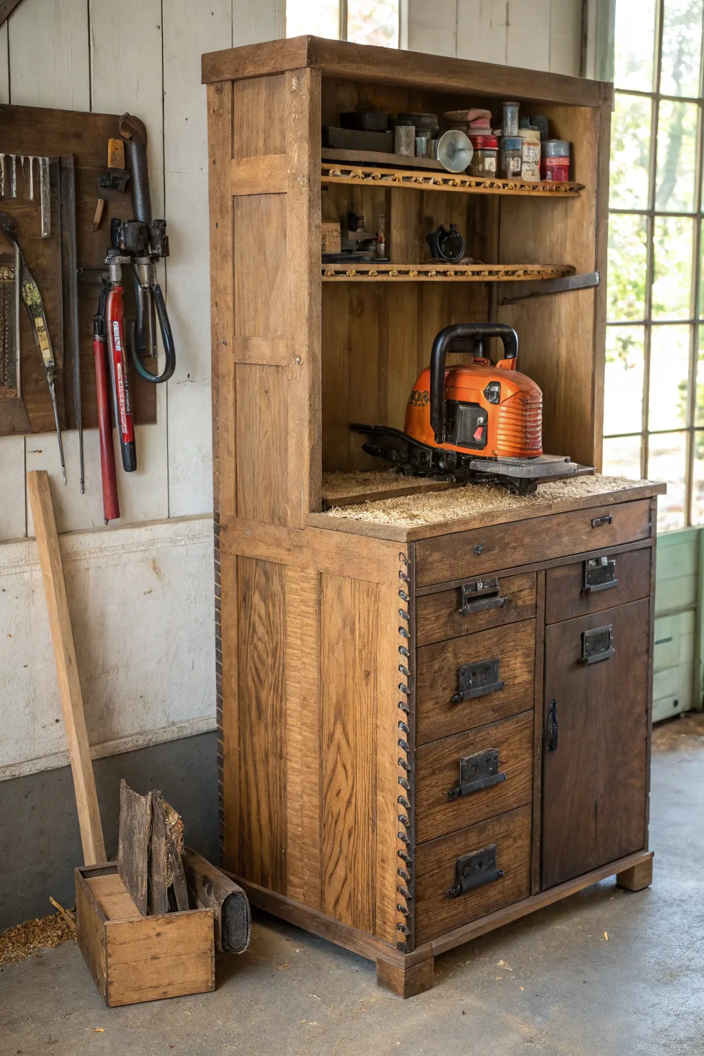 Revitalize your workspace with a touch of rustic charm: transform an antique cabinet into a stylish chainsaw storage solution.
